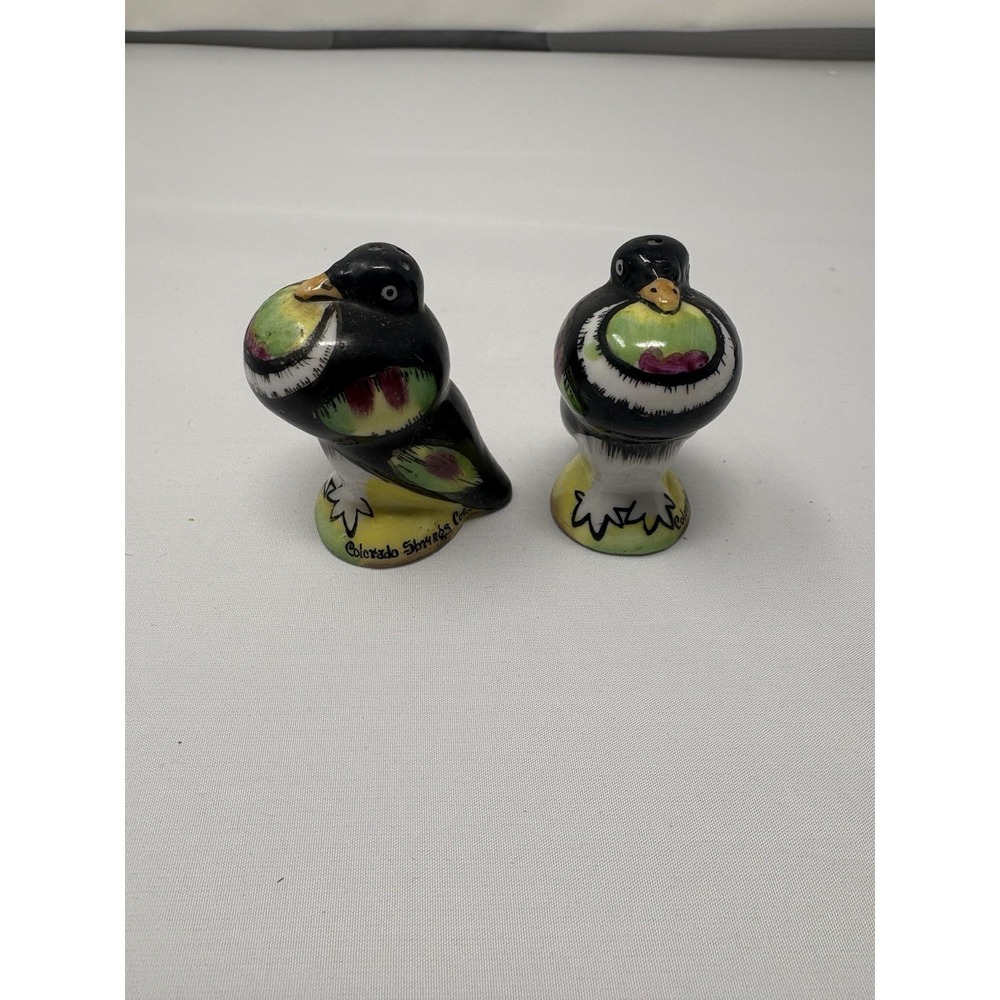 Hand Painted Puffy Bird Salt Pepper Shakers Purple Yellow Green 2 1/4 Japan Colo